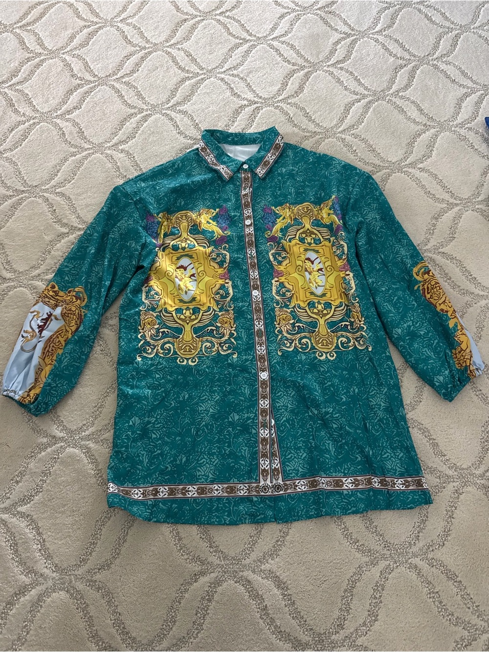 Teal Baroque Print Button-Up Shirt /dress